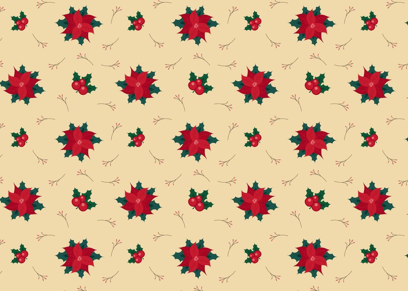 Seamless wallpaper with a pattern of holly branches, poinsettia. Christmas hand-drawn illustration in minimalist style. vintage-inspired illustration for paper, print, winter ideas vector