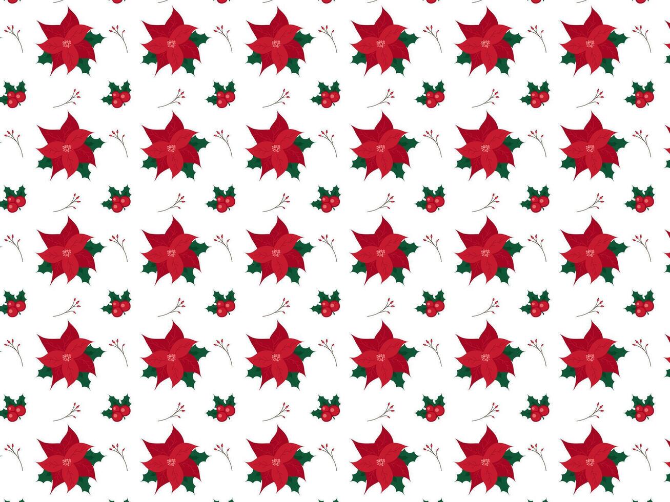Red poinsettia seamless pattern. Pulcherrima blooming plant background with berries. Red green traditional Christmas floral pattern with poinsettia leaves and petals. illustration. vector