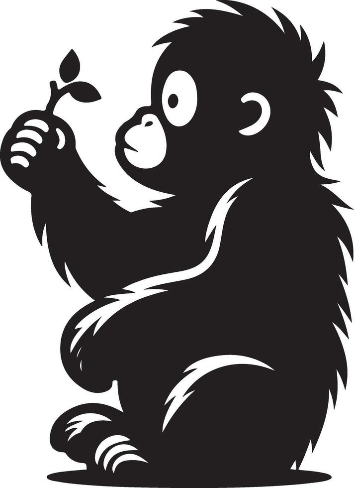 A black and white gorilla holding a leaf vector