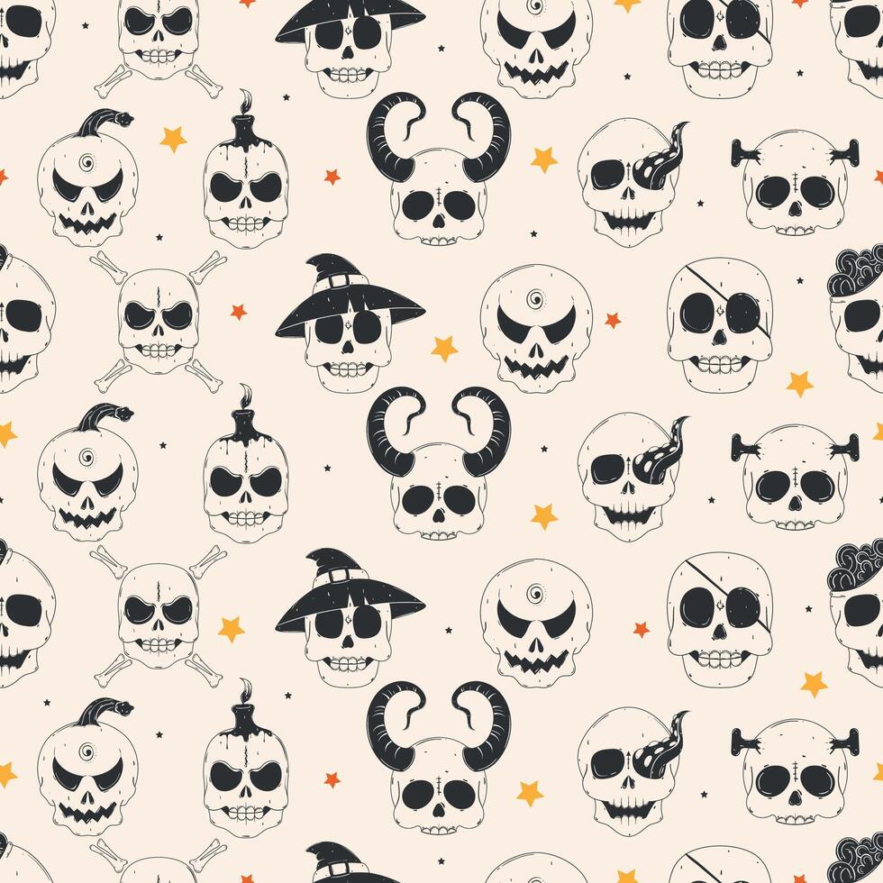 Halloween skull pattern with spooky and decorative designs, vector