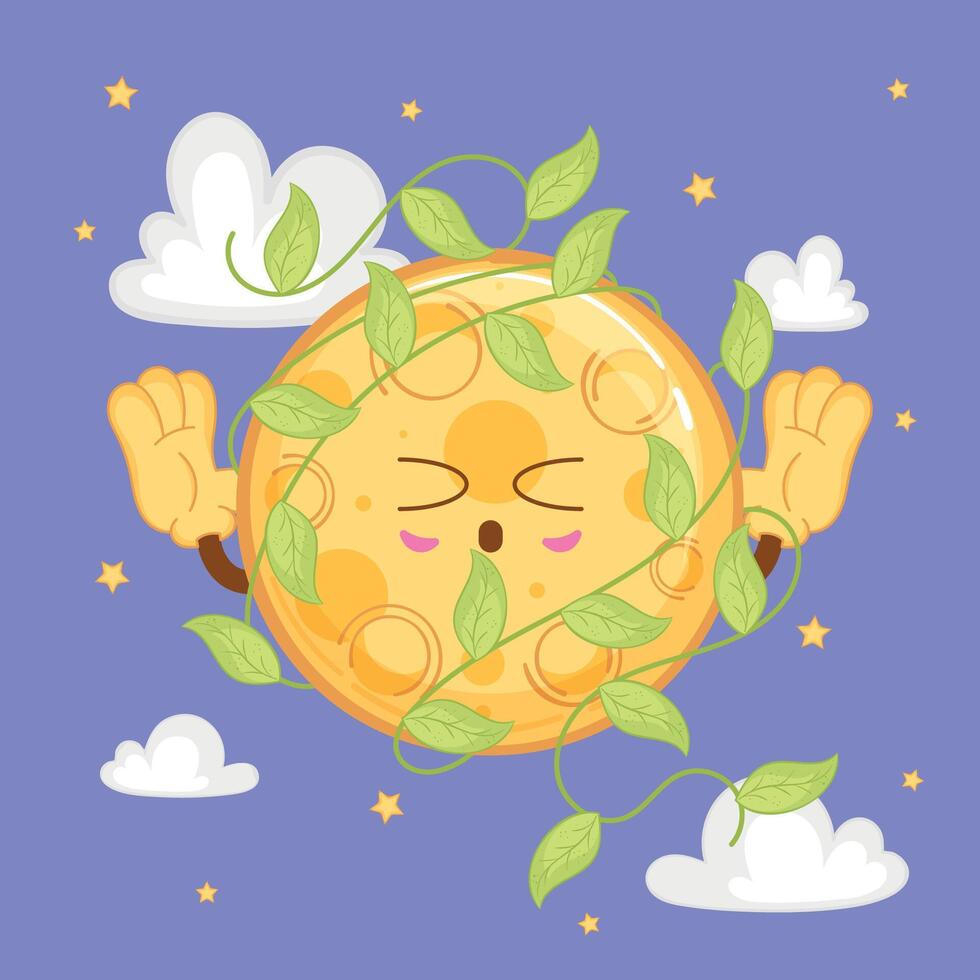 Peaceful moon wrapped in green vines under stars, illustration vector