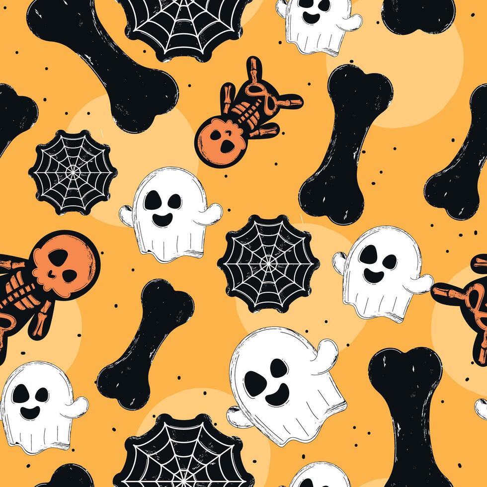 Halloween pattern with ghosts, spider webs, and skeletons vector