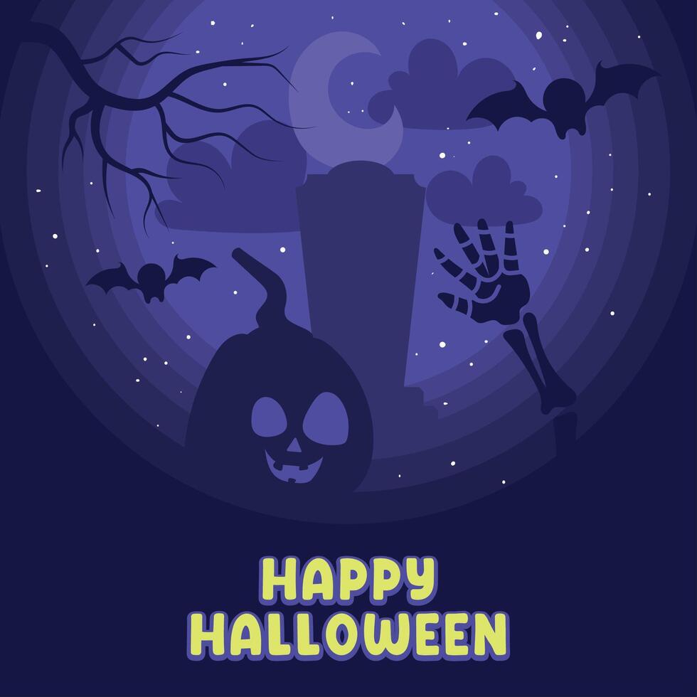 Spooky Halloween scene with pumpkin and skeleton hand, vector