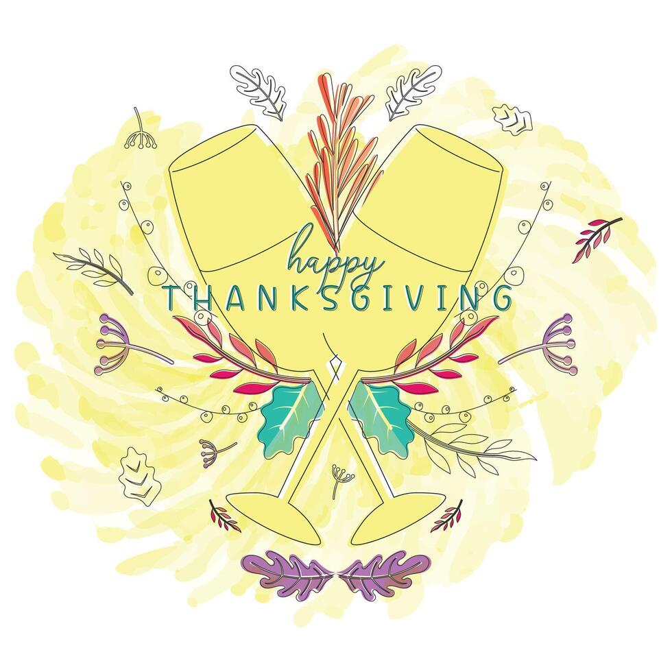 Pair of wine glasses and autumn leaves Happy thanksgiving poster vector
