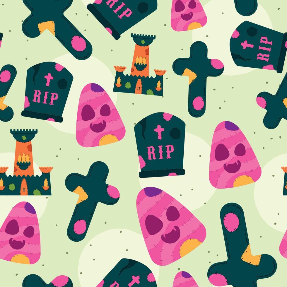 Halloween pattern with tombstones, skulls, and haunted castles vector