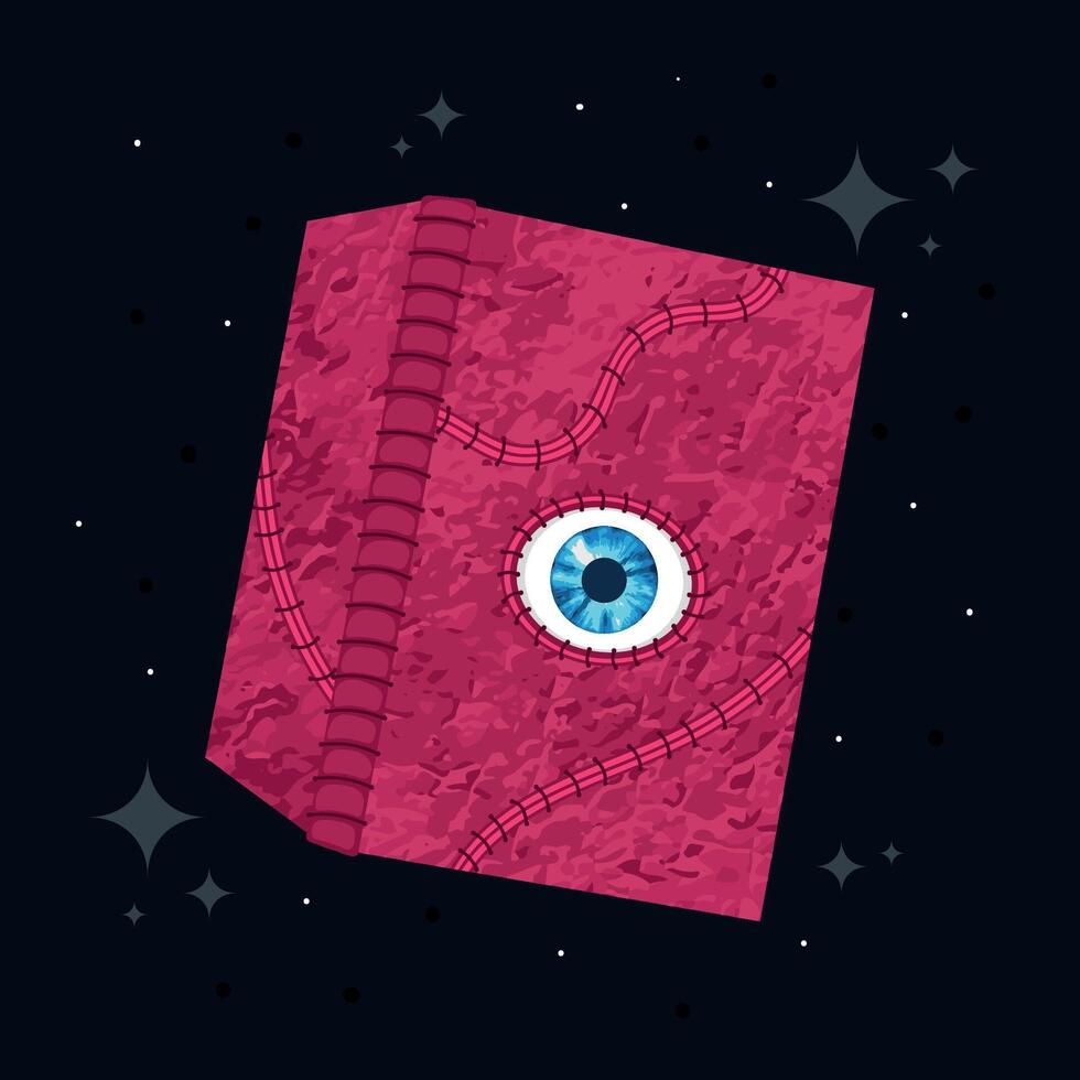 Mystical book with enchanted eye design on dark background, vector