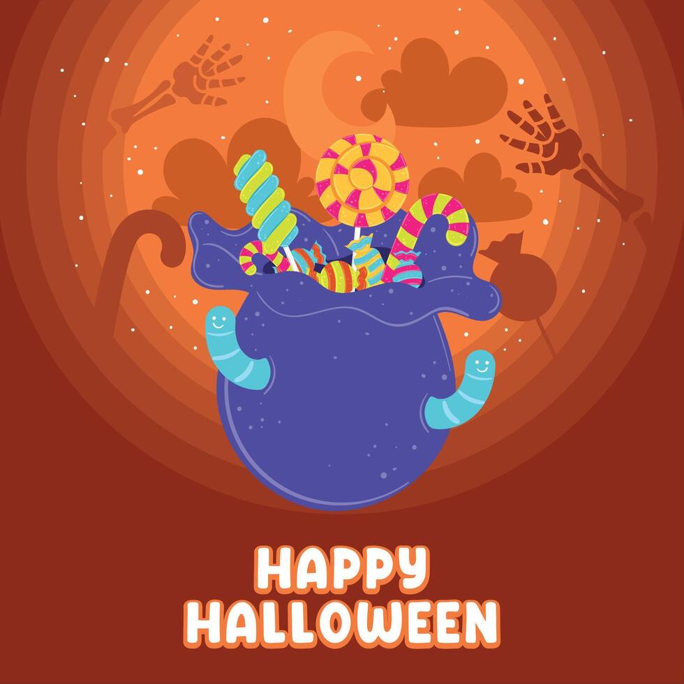 Halloween candy bucket with worms and lollipops and Happy Halloween, vector