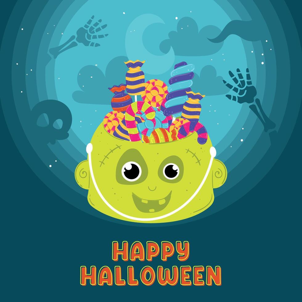 Happy Monster candy bucket with spooky background, vector
