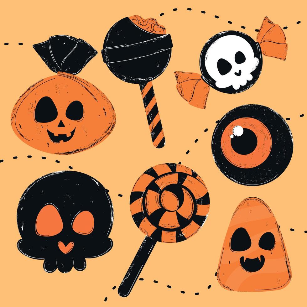 Halloween pattern with pumpkins, skulls, and candy lollipops vector