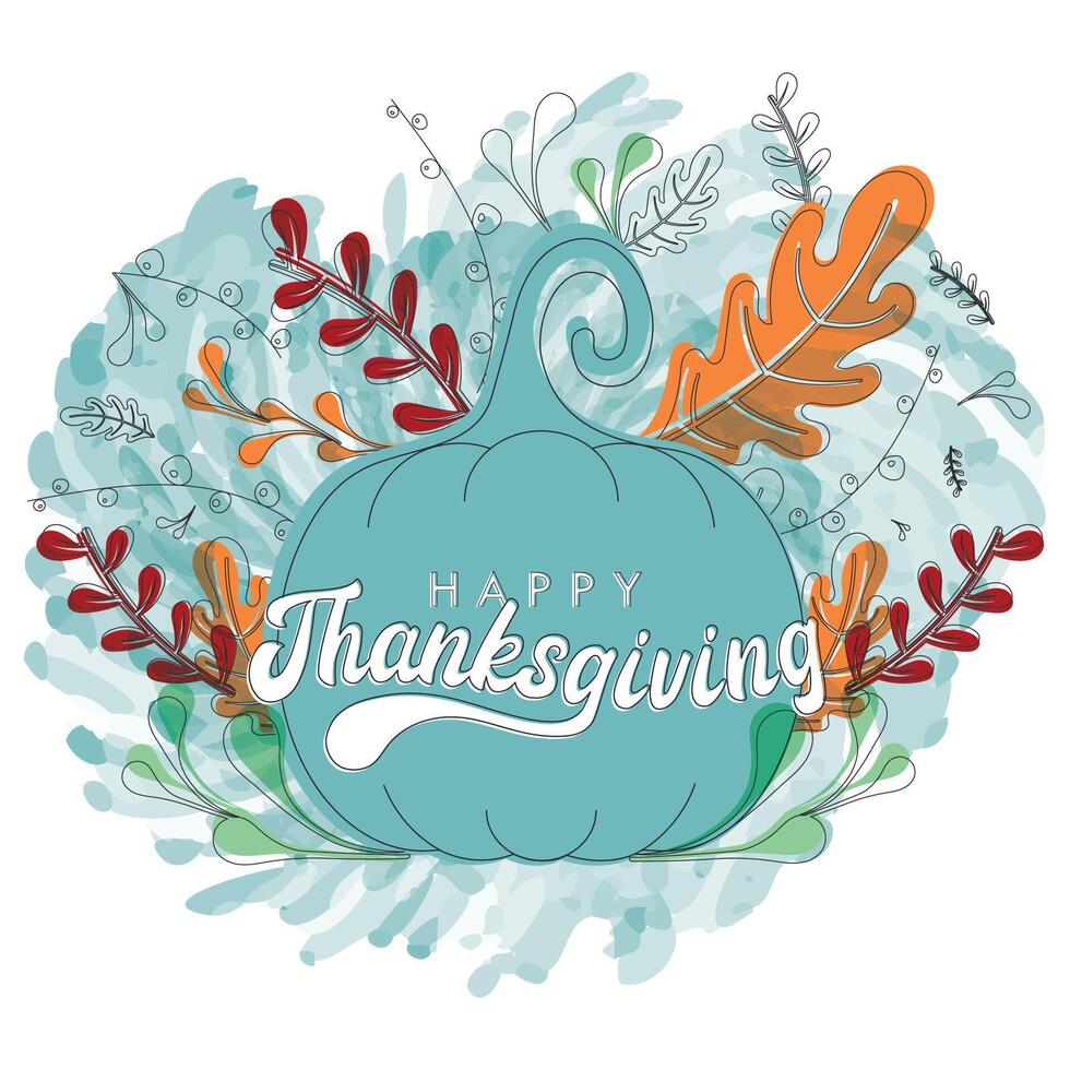 Isolated pumpkin with autumn leaves Happy thanksgiving watercolor poster vector