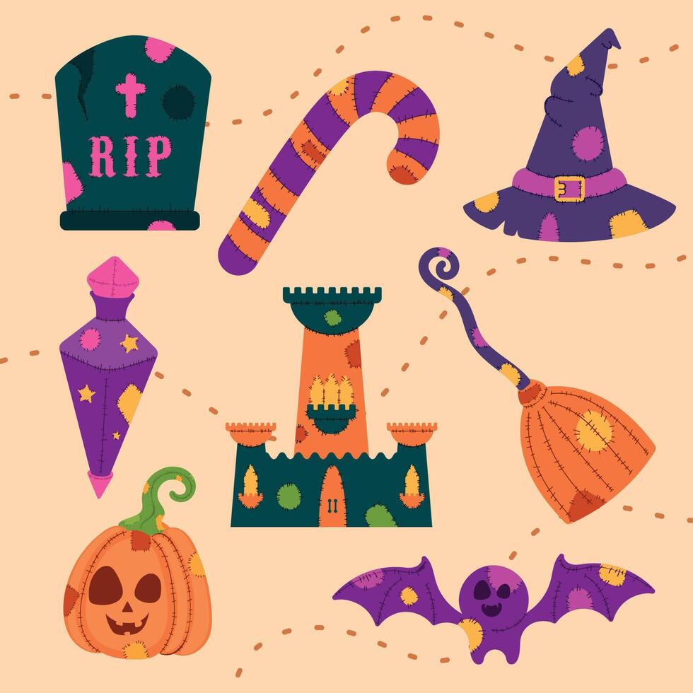 Halloween pattern with witch hats, candy canes, and pumpkins vector