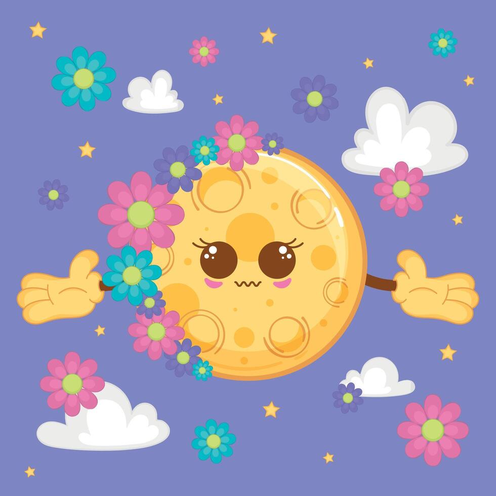 Smiling moon surrounded by flowers and clouds, illustration vector