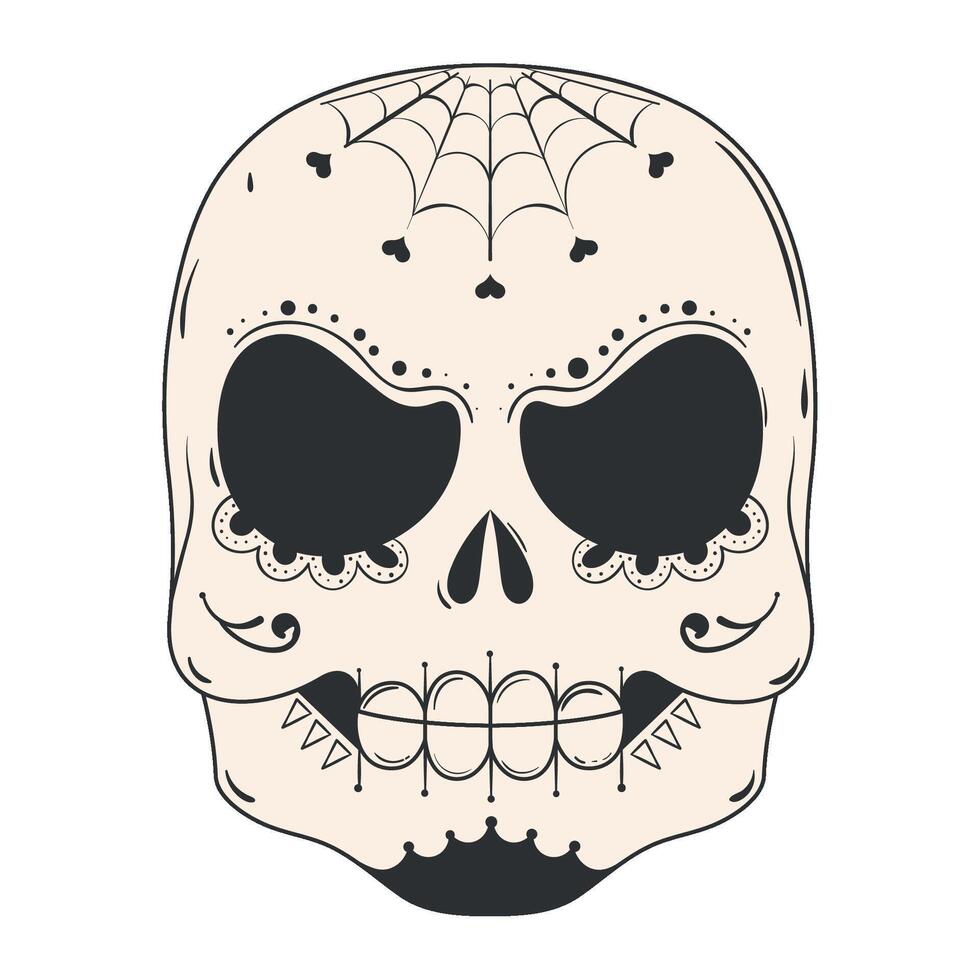 Spider web decorated sugar skull in black and white, vector