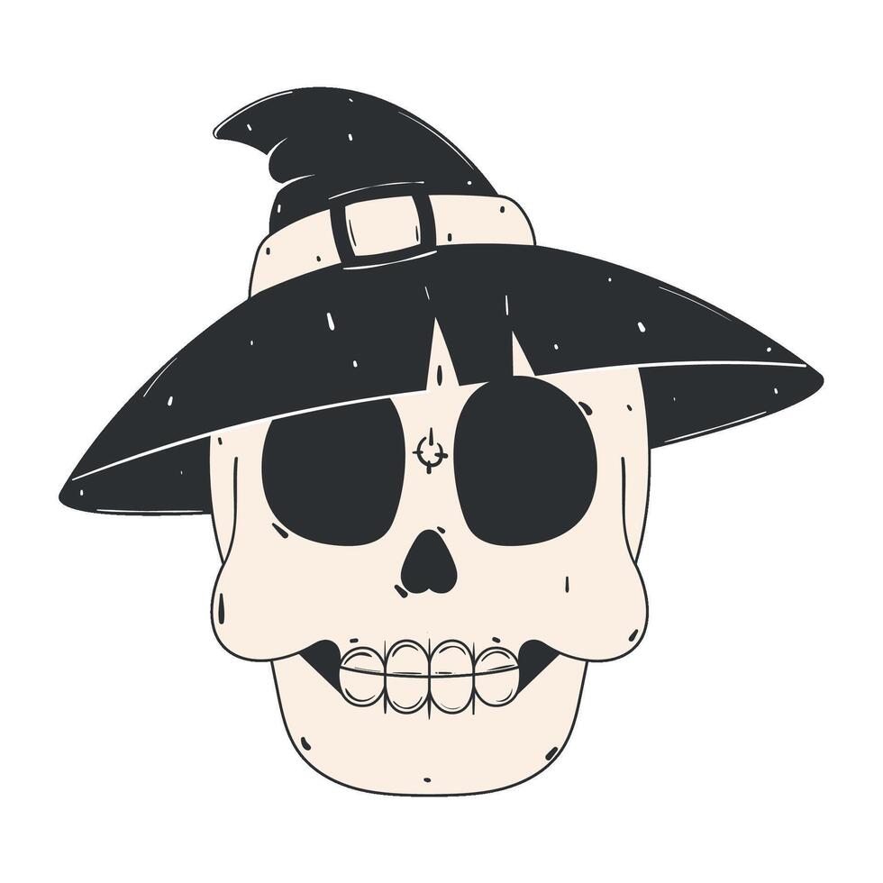 Witch hat skull illustration in black and white, vector