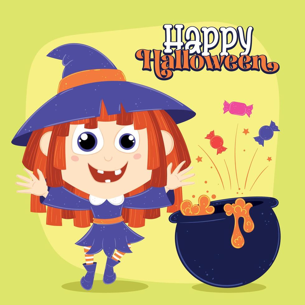 Cute Halloween witch with cauldron and Happy Halloween text, vector