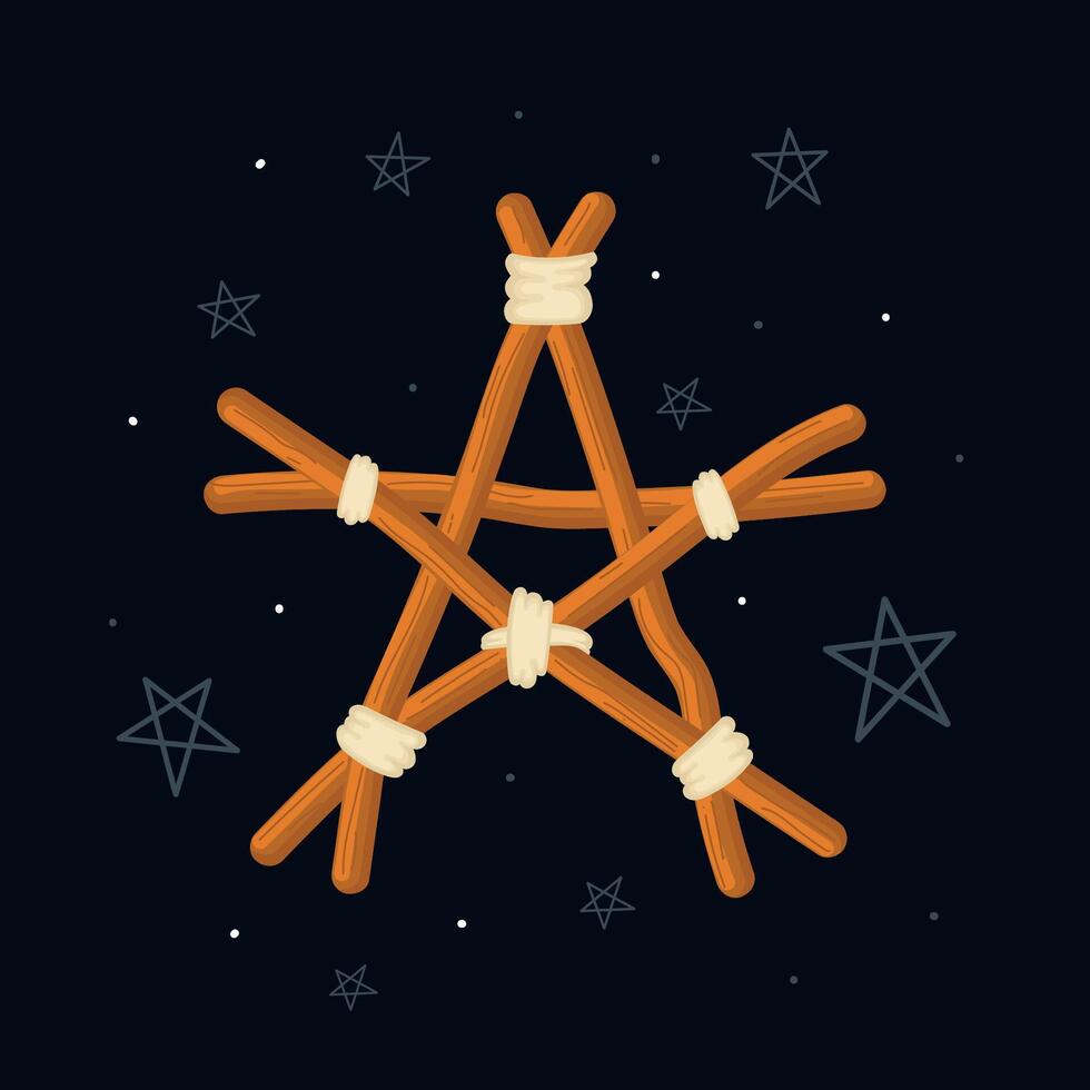 Wicker pentagram on dark background with stars, vector
