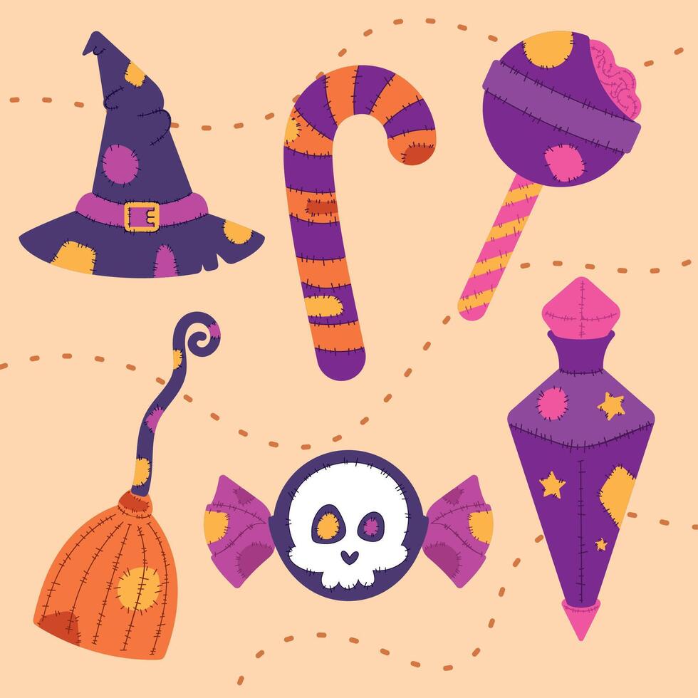Halloween candy and witch-themed accessories design, vector
