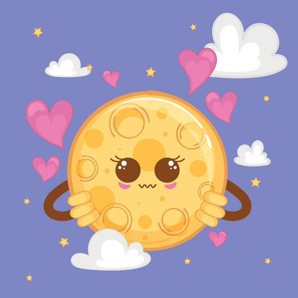 Blushing moon surrounded by hearts and clouds, illustration vector