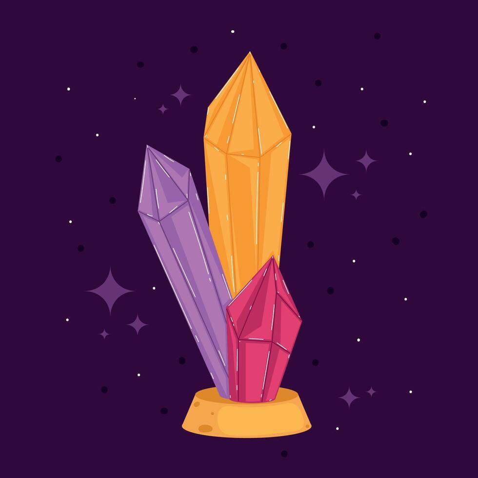Colorful mystical crystals on a starry dark background, vector