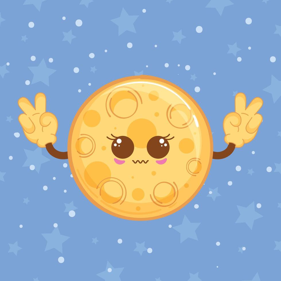 Cute moon character with peace hand sign, illustration vector