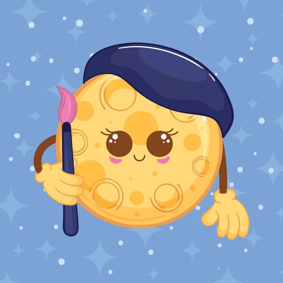 Creative moon character with beret and paintbrush, illustration vector