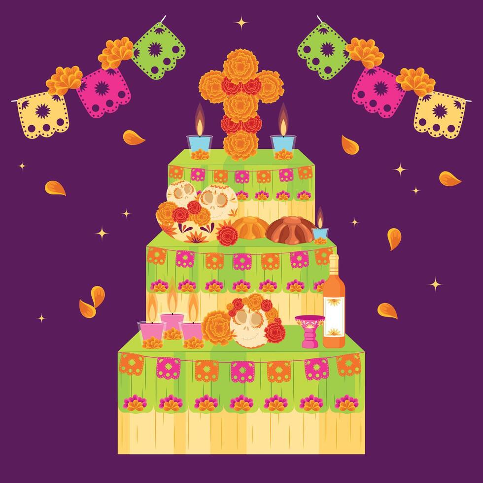 Dia de los Muertos altar with cross, marigolds, and candles vector