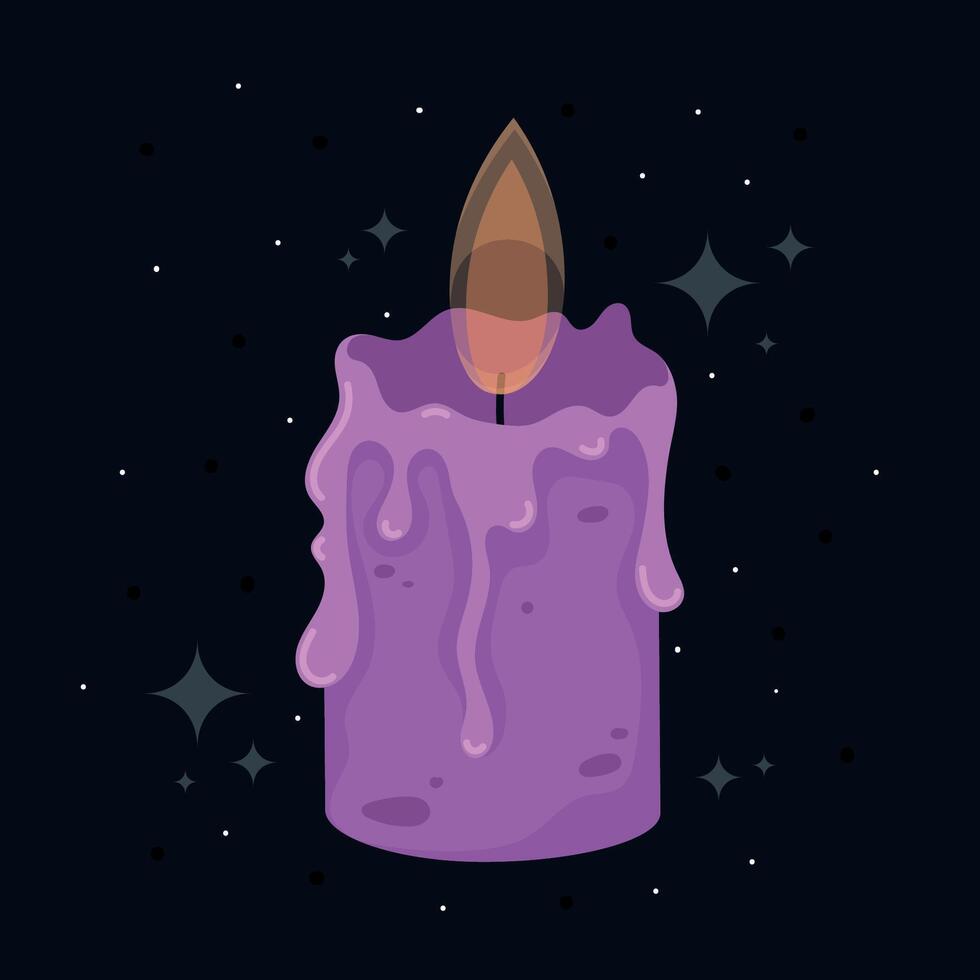 Purple candle with wax drips on a dark starry background, vector