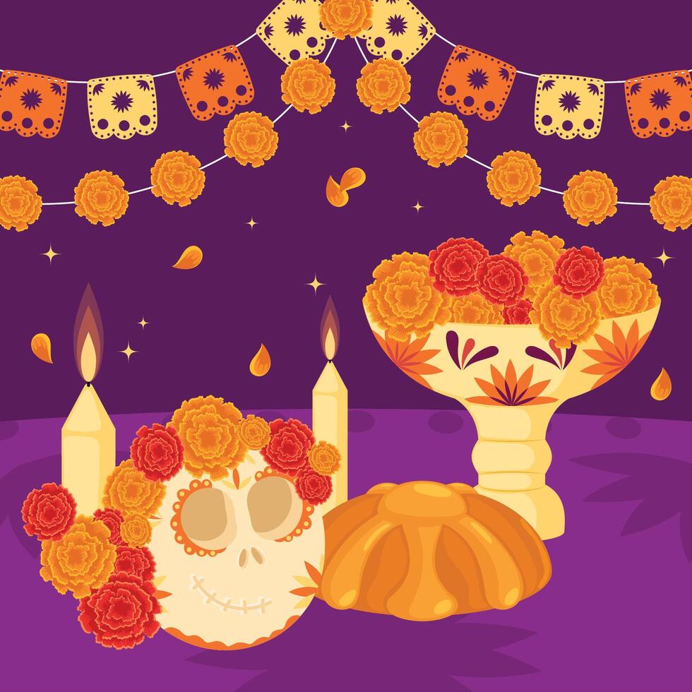 Dia de los Muertos altar with marigolds and sugar skulls vector