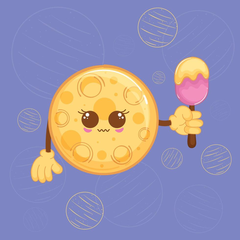Moon character holding ice cream on purple background, illustration vector