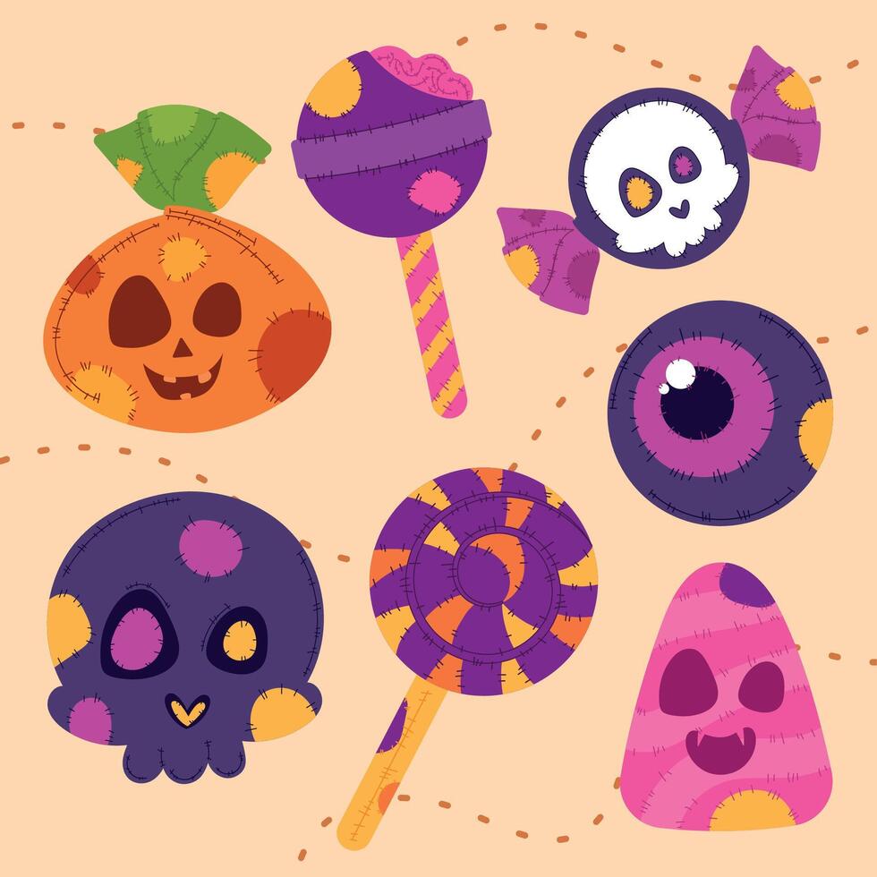 Halloween candy, skulls, pumpkins, and eyeball graphics, vector