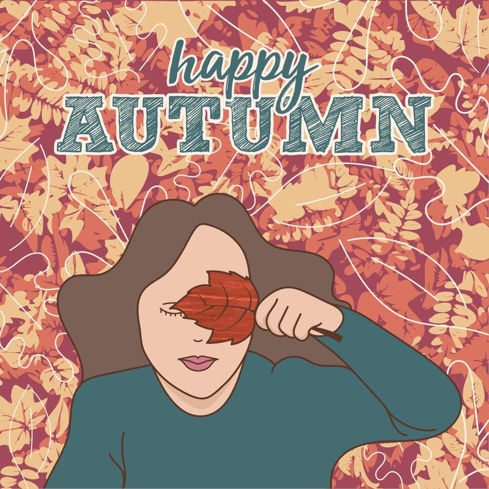 Happy girl on the ground holding a leaf Happy autumn background vector