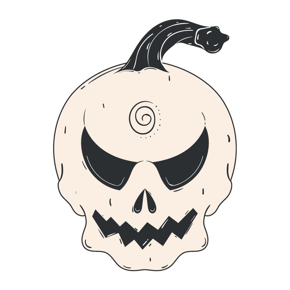 Pumpkin skull with spiral stem in black and white, vector
