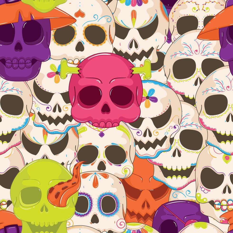 Halloween skull pattern with spooky and festive designs, vector