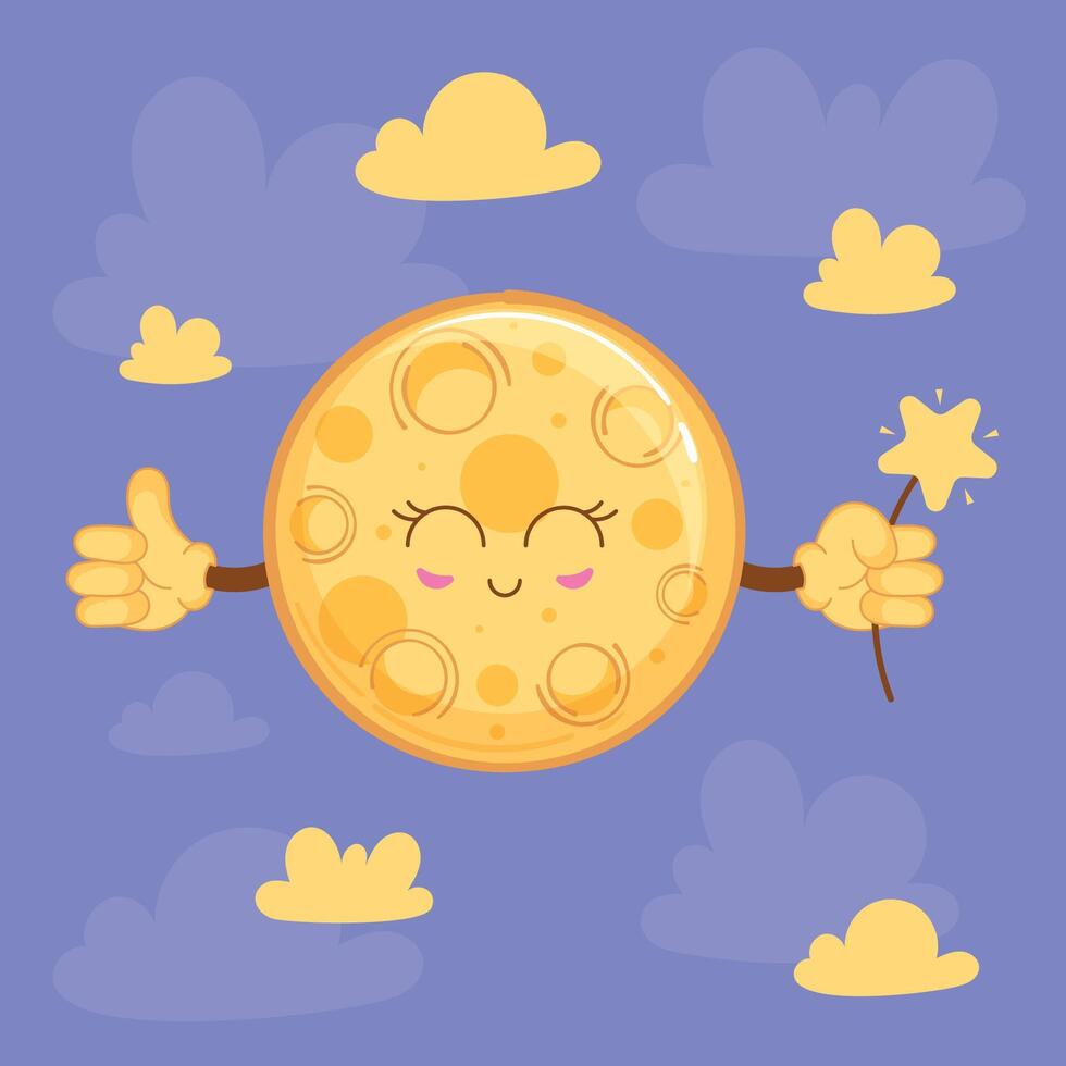 Moon character with magic wand under starry sky, illustration vector