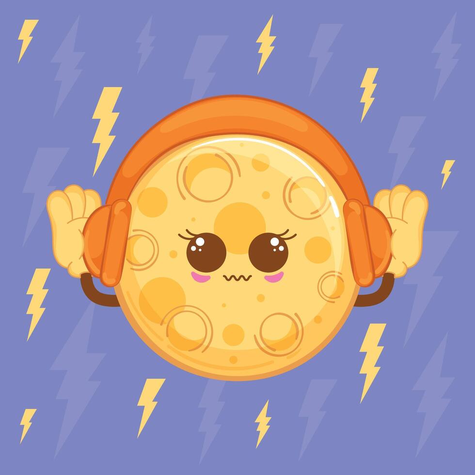Moon character wearing headphones with lightning background, vector