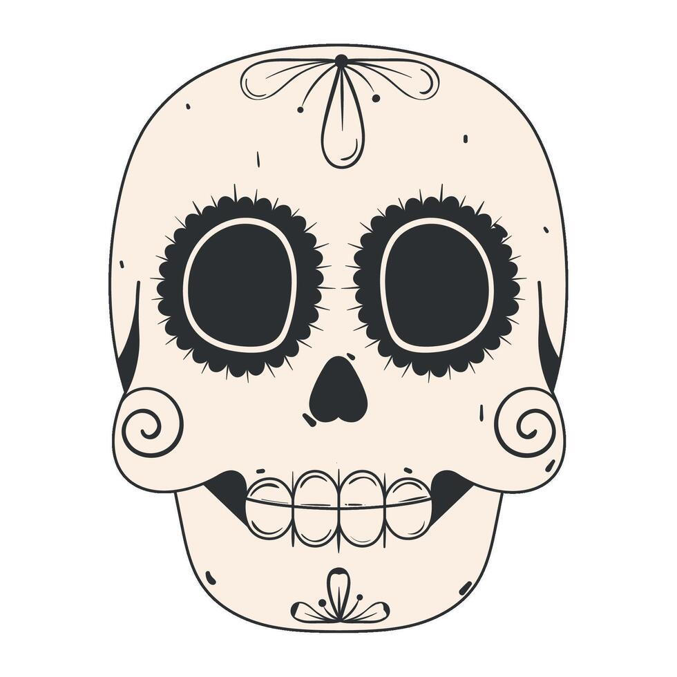 Decorative sugar skull with floral patterns in black and white, vector
