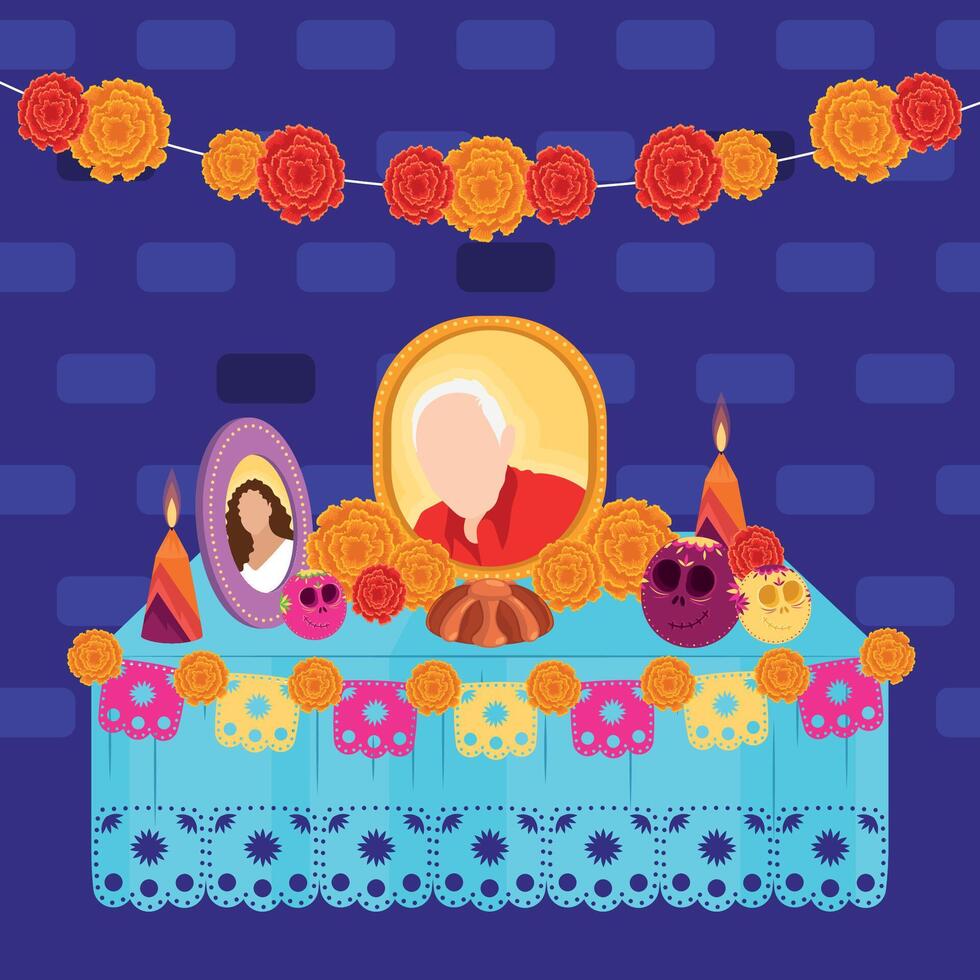Dia de los Muertos altar with portraits and candles vector