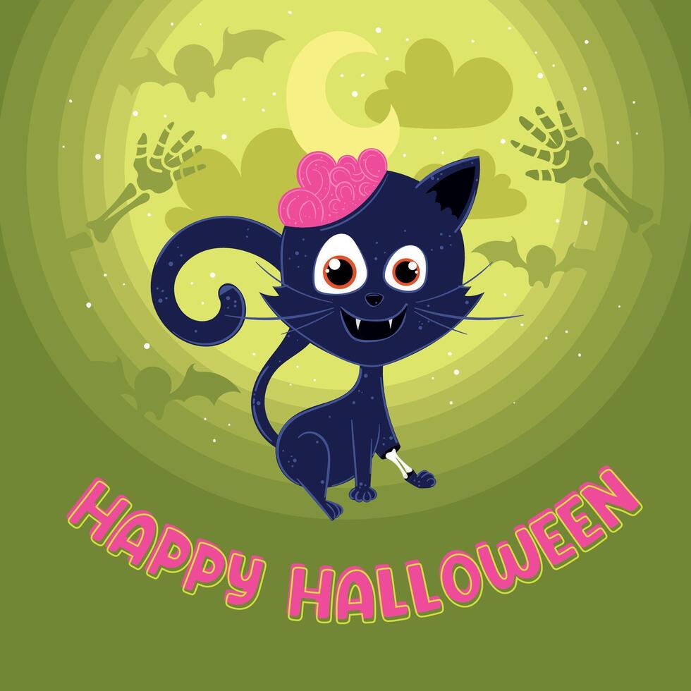 Zombie black cat with exposed brain and Happy Halloween text, vector