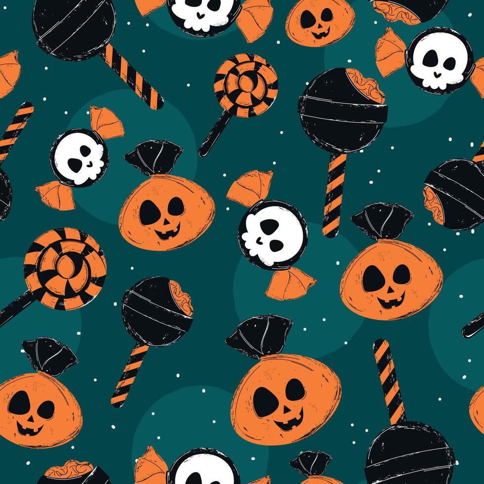 Halloween pattern with pumpkins, skulls, and spooky lollipops vector
