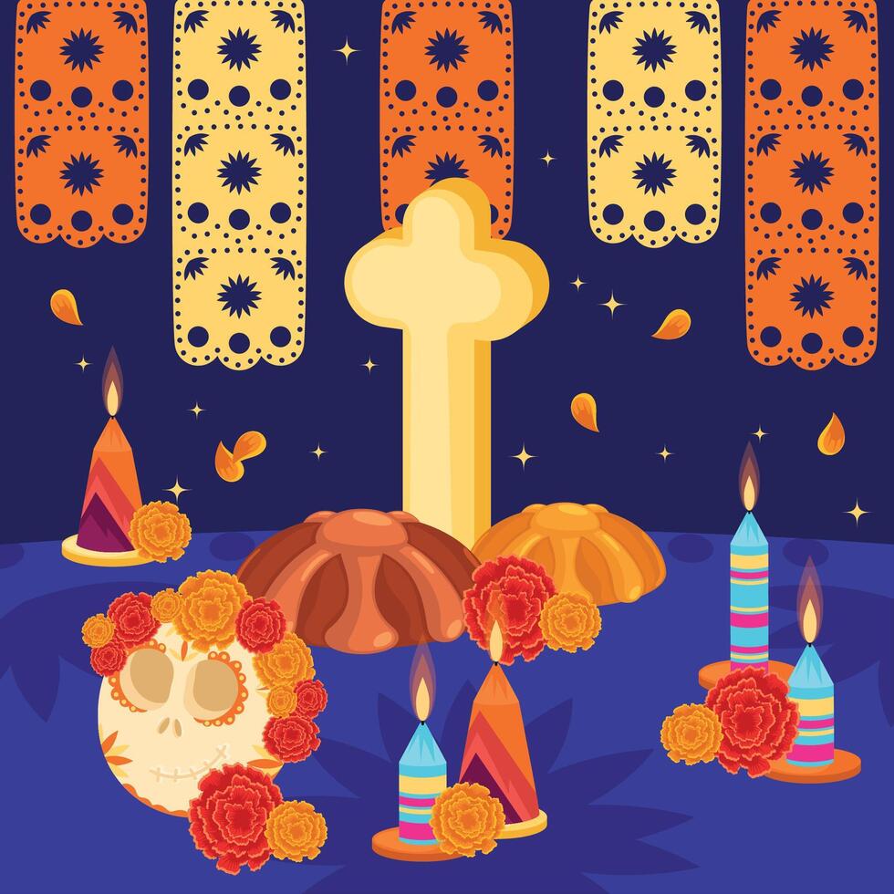 Dia de los Muertos altar with skulls and marigold garlands vector
