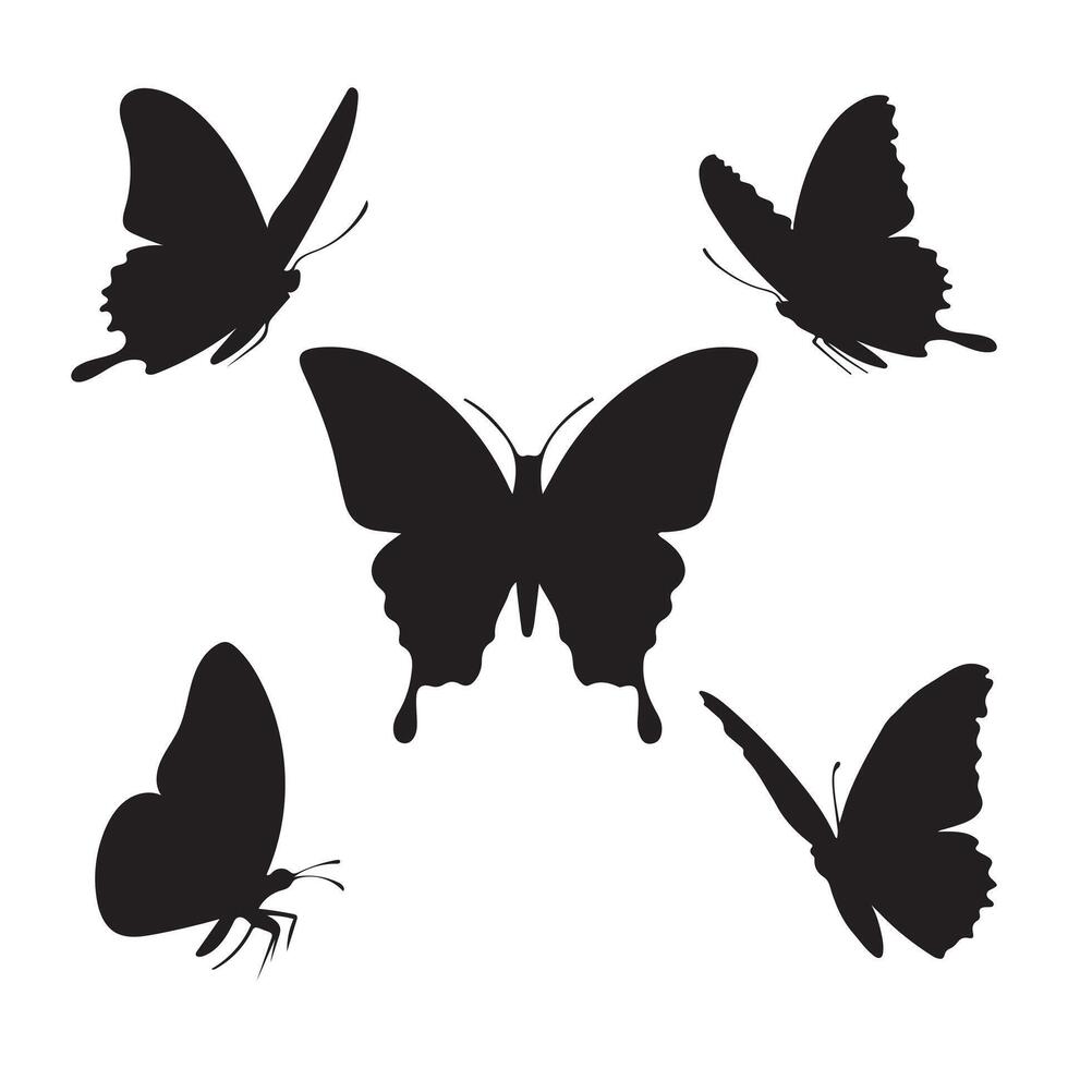 Set of Black Silhouette Flying Butterflies Isolated on White Background vector