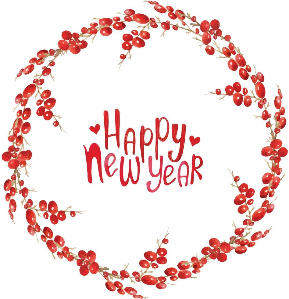 watercolor round wreath with red berries and the words Happy New Year red cranberries vector