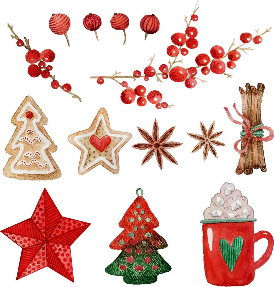 set of watercolor Christmas elements cocoa mug, cookies, lettering, spices vector