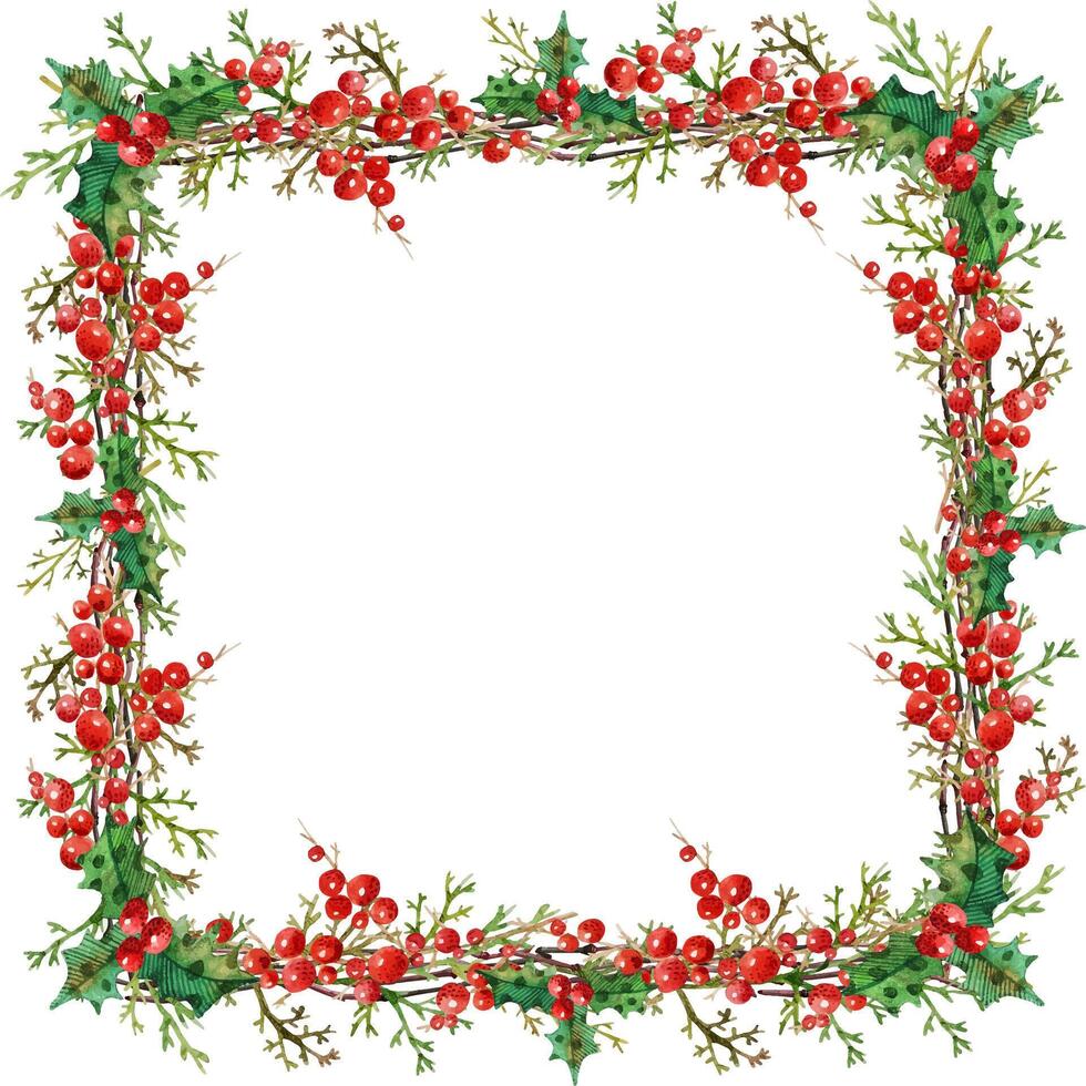 Square Christmas wreath with branches, holly, cranberries green and red vector