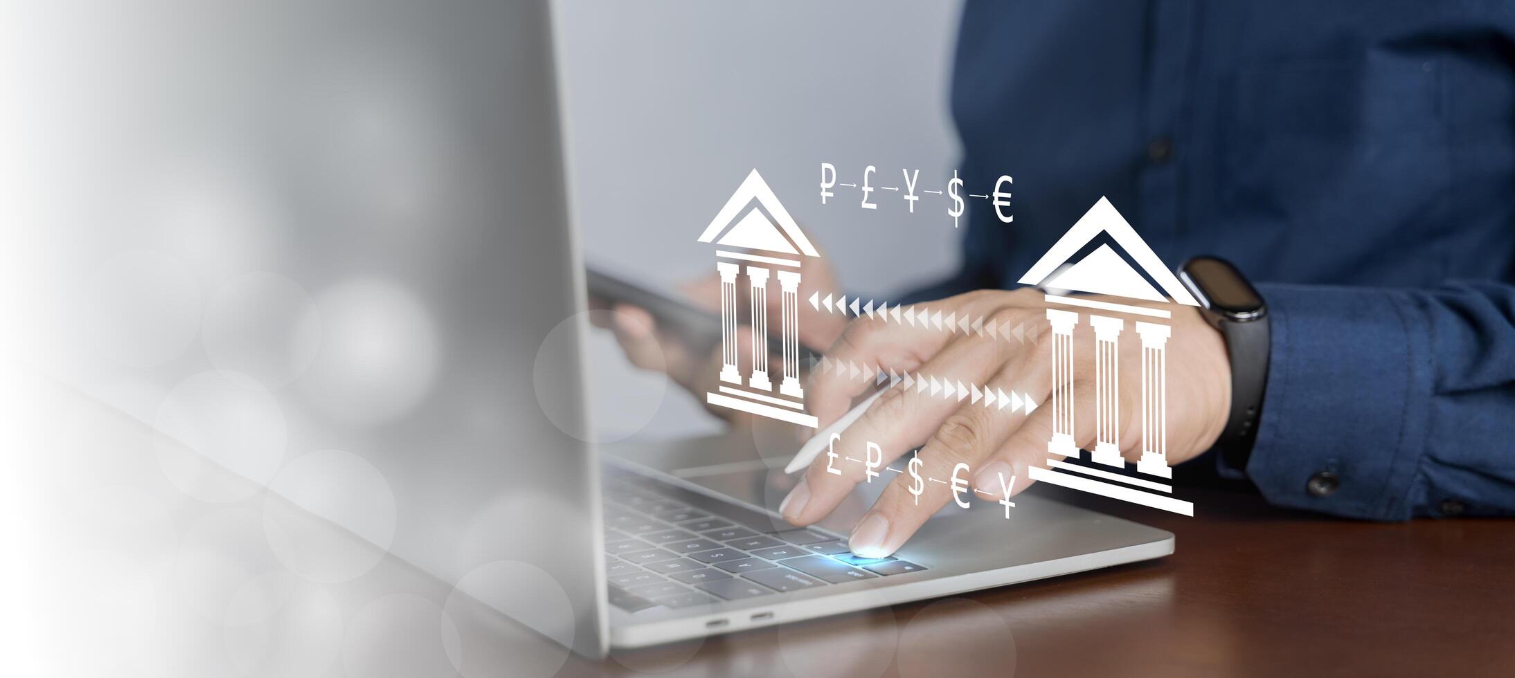 Online banking operations and interbank digital payment.Money transfers from different currencies internationally photo