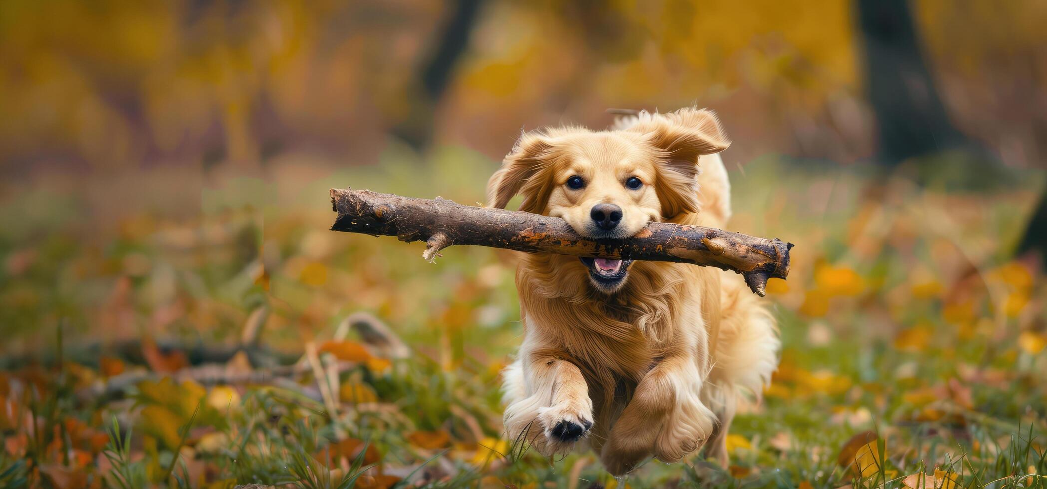 Happy dog playing with a stick, holding a big stick in its mouth, outdoor background. Dog training concept photo