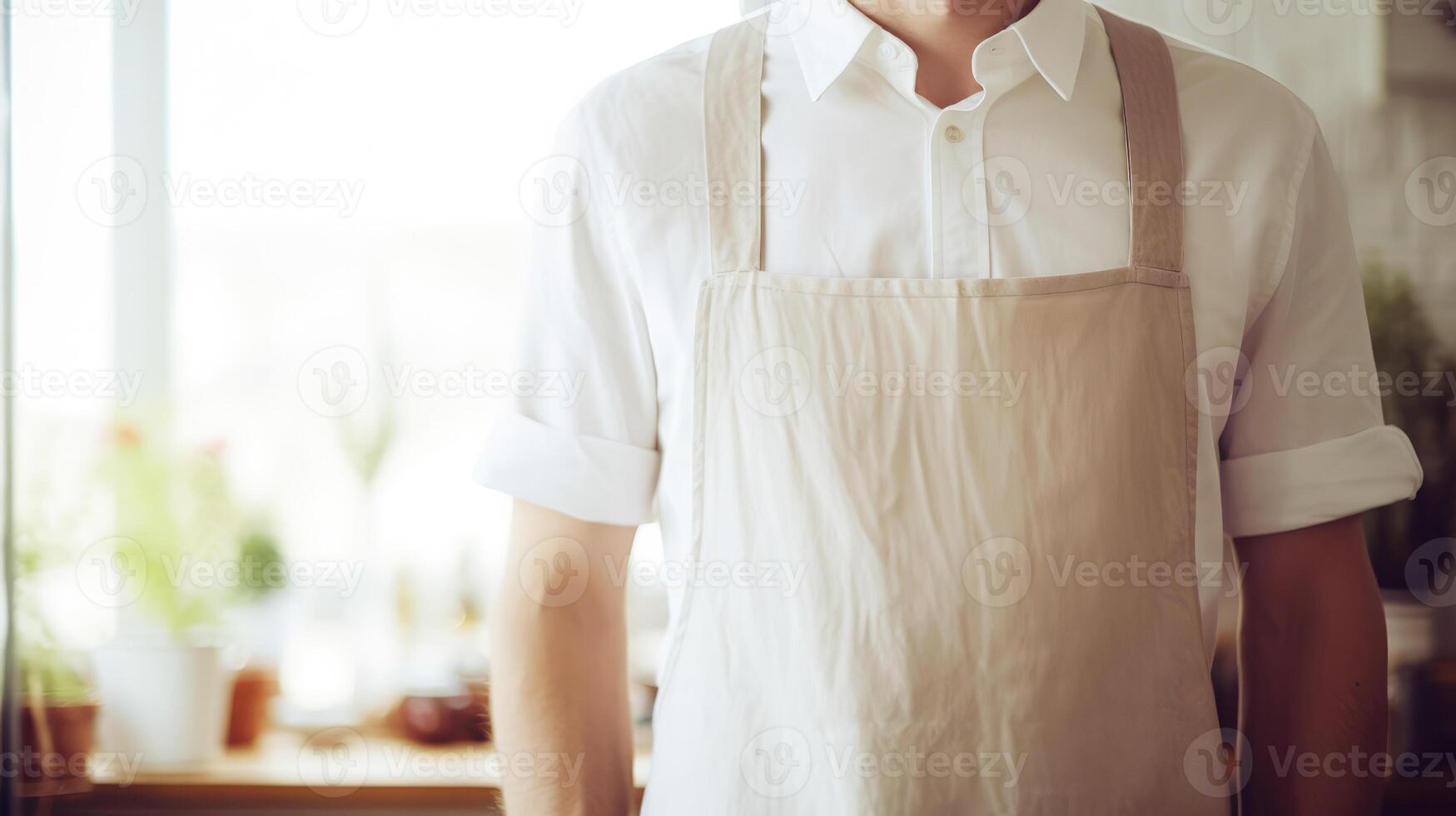 Man wearing beige linen apron mock up in the modern kitchen, chef uniform for cooking photo