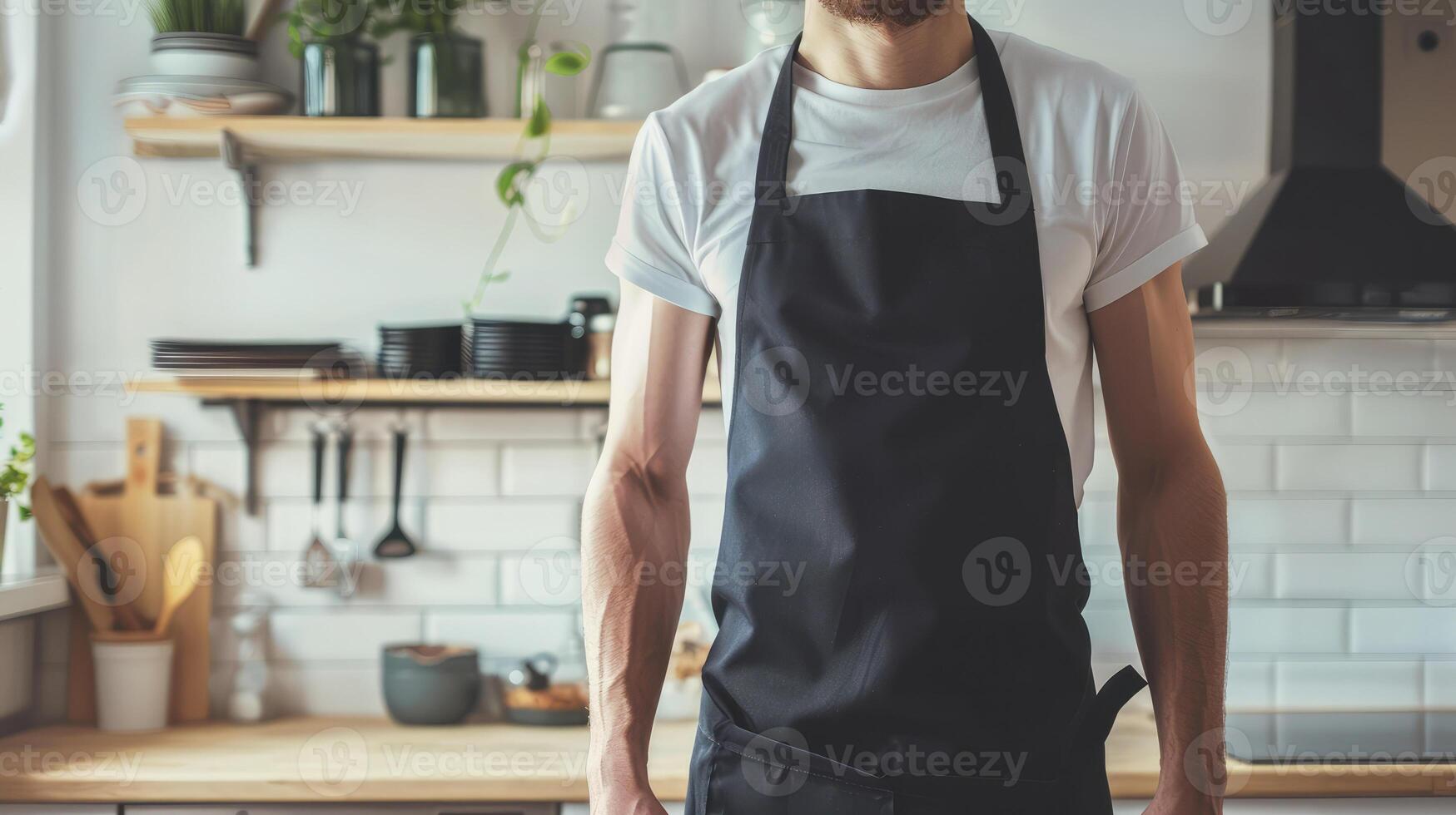 Man wearing black apron mock up in the modern kitchen, chef uniform for cooking photo