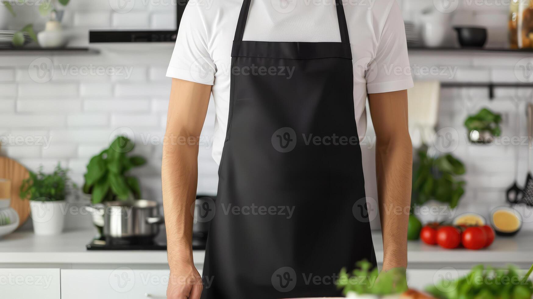 Man wearing black apron mock up in the modern kitchen, chef uniform for cooking photo