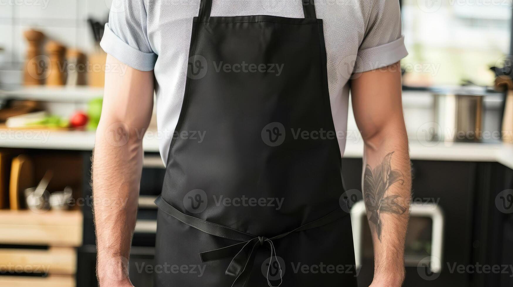 Man wearing black apron mock up in the modern kitchen, chef uniform for cooking photo